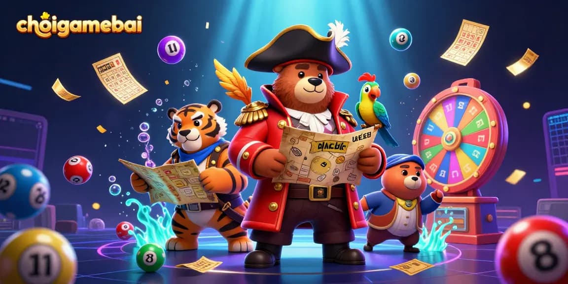 Experience thrilling fun playing choigamebai with vibrant lottery elements and characters in an exciting casino scene.
