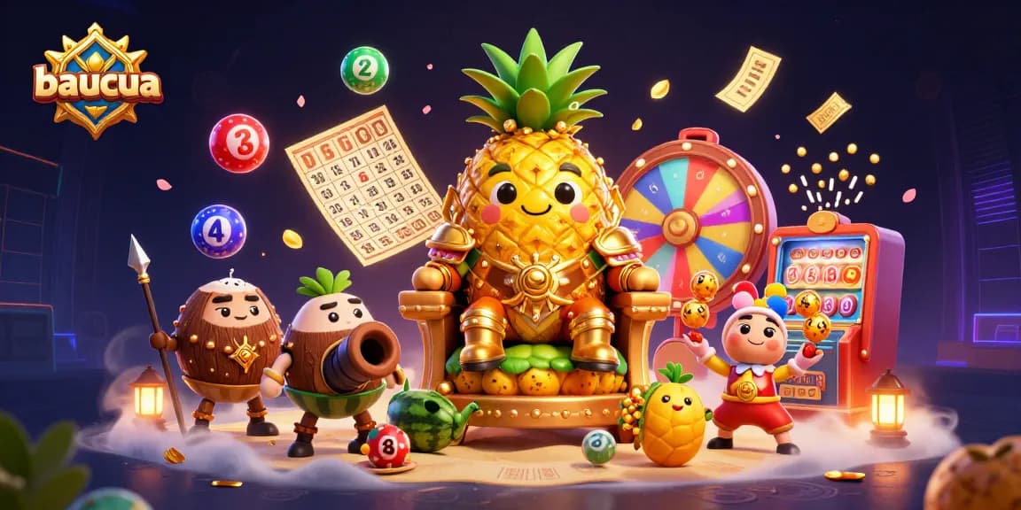 Engage in the exciting baucua game with a vibrant scene of colorful elements and a playful tone.