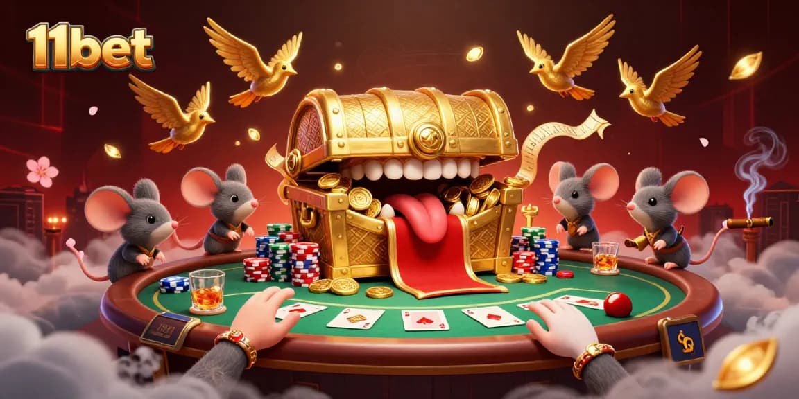 11bet engages players with a vivid poker scene featuring a treasure chest and dynamic game elements.