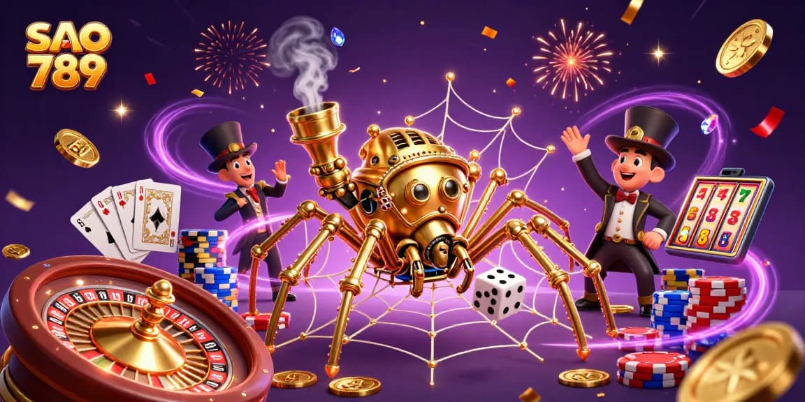 Catch exciting gameplay at sao 789 with a golden steampunk spider weaving a web of fortune