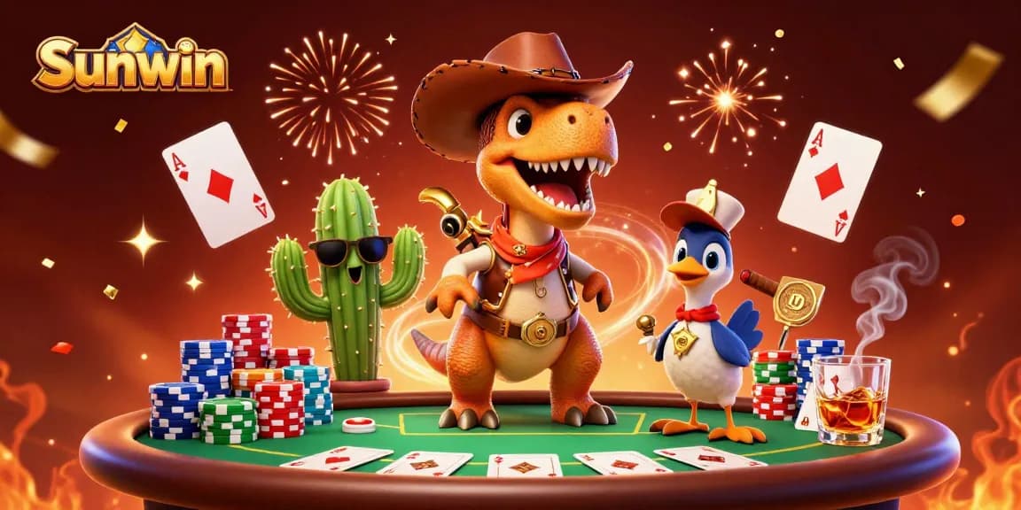 Experience thrilling poker adventures with Sunwin, featuring cartoon dinosaur, cactus, and roadrunner.