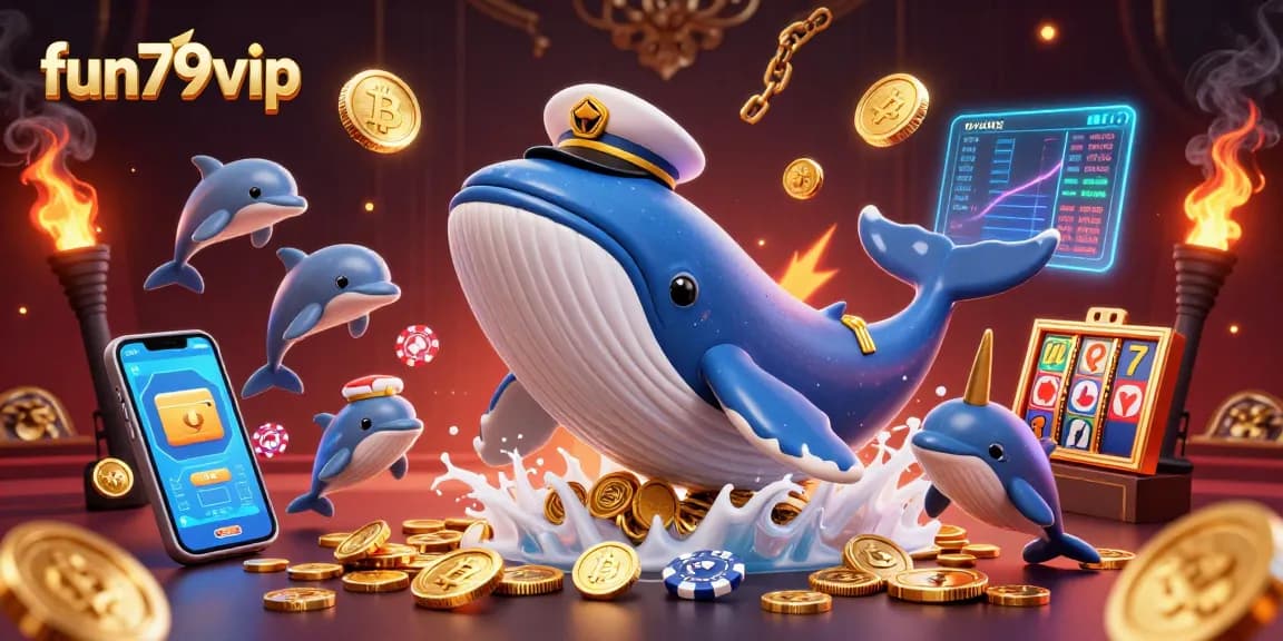 Engage with fun79vip through exciting casino fun with a giant whale and vibrant crypto elements.