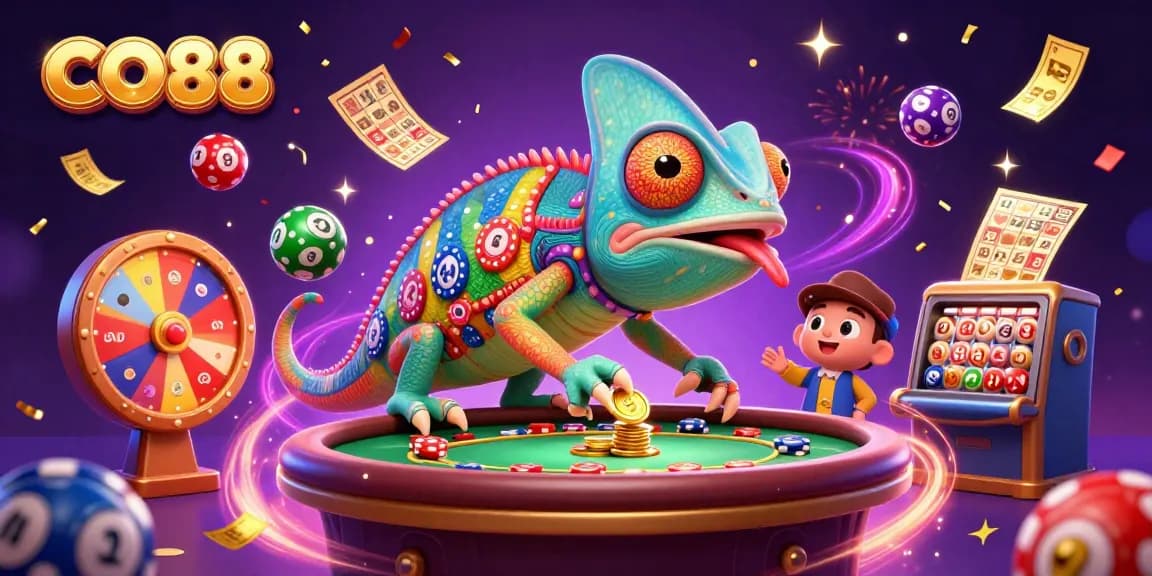 Experience the vibrant casino world with CO88, a lively chameleon owner amidst colorful lottery elements.