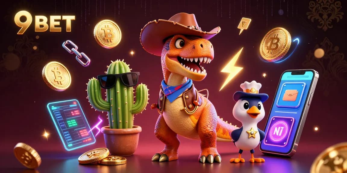 Win big with 9BET in a vibrant casino atmosphere featuring colorful 3D characters and gaming elements.