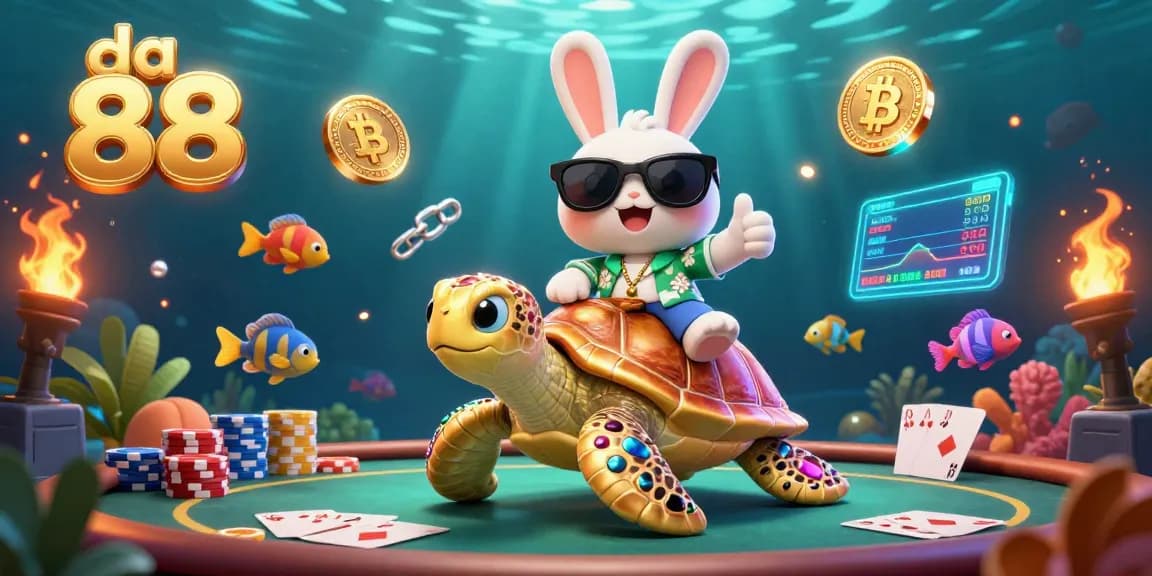 Engage with da 88 in this vibrant 3D casino scene featuring a cartoon lucky rabbit and golden turtle, complete with poker elements.