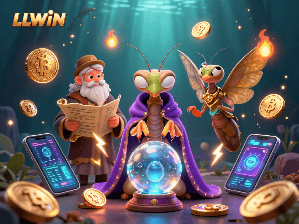 LLWIN illustrates exciting 3D characters engaging with vibrant casino elements and cryptocurrency, showcasing thrilling gaming.