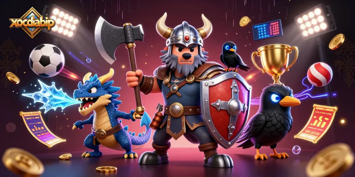 Bet on adventure with xocdiabip featuring a Viking warrior, dragon, and dynamic sports elements.