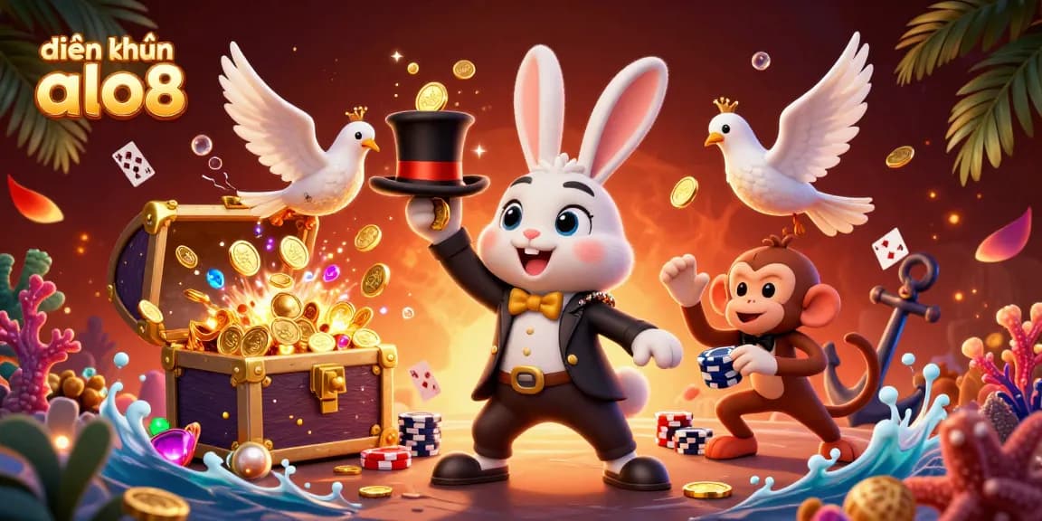 Experience the thrill of điền khoản alo8 with a vibrant illustration featuring a magician rabbit, sequined dove, and playful monkey amidst casino-themed elements.