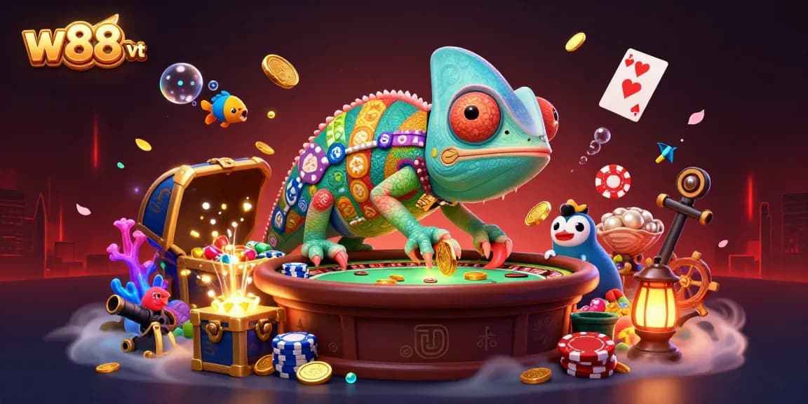 Khám phá thế giới W88 vt với chameleon chủ sòng bài ngay trong hình ảnh đầy màu sắc này.