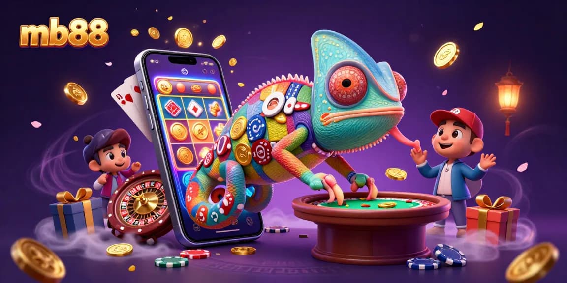 Engaging 3D scene of mb88, with a vibrant chameleon casino owner surrounded by slot games and golden coins.
