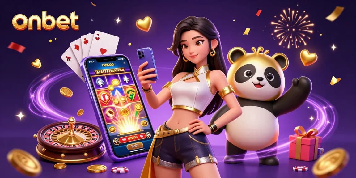 Engage with onbet, featuring a lively casino scene with an Asian woman and a golden panda mascot.