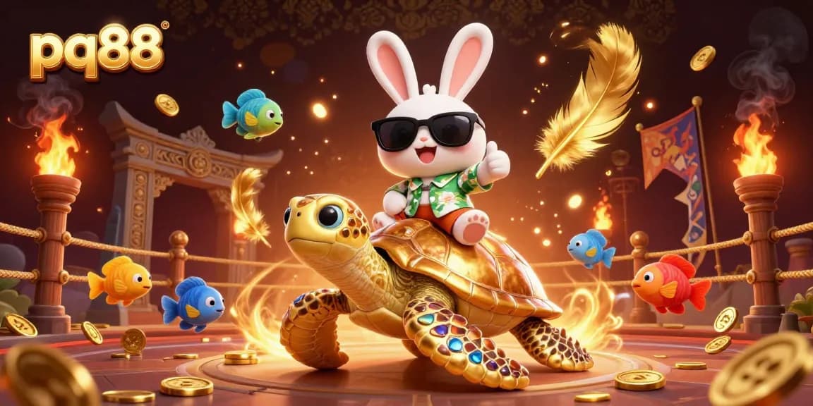 Join the fun at pq88 where the lucky rabbit rides a golden turtle in a vibrant gambling scene.