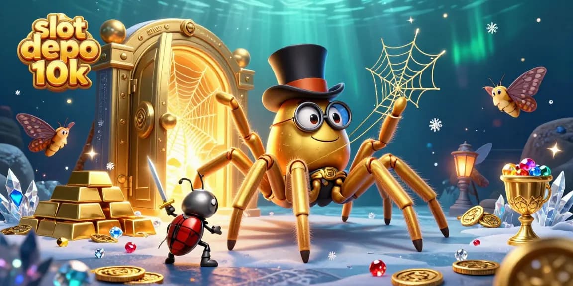 Play slot depo 10k amid an enchanting casino scene filled with treasures and magical characters.