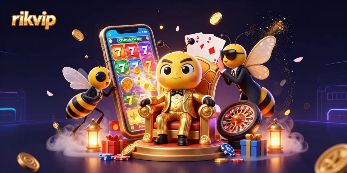 Play exciting slot games on rikvip with a 3D bee mob boss and vibrant casino elements.