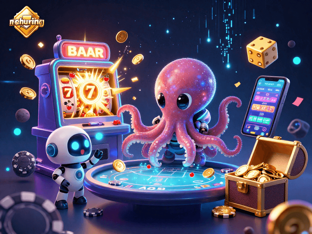 Nohu-ring showcases an alien octopus playing at a glowing poker table amidst vibrant casino graphics.