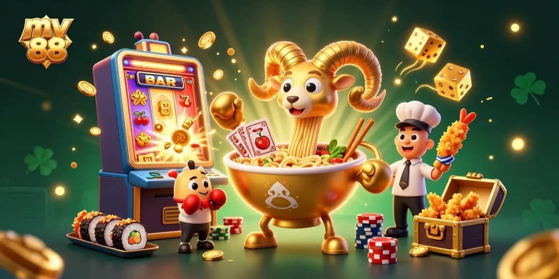 Engage with mv 88 in this vibrant casino scene featuring lively characters and animated slot elements.
