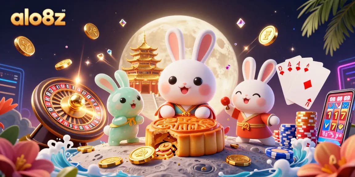 Play and win with the engaging scenes of alo8z featuring poker chips and golden mooncakes in a dynamic casino atmosphere.