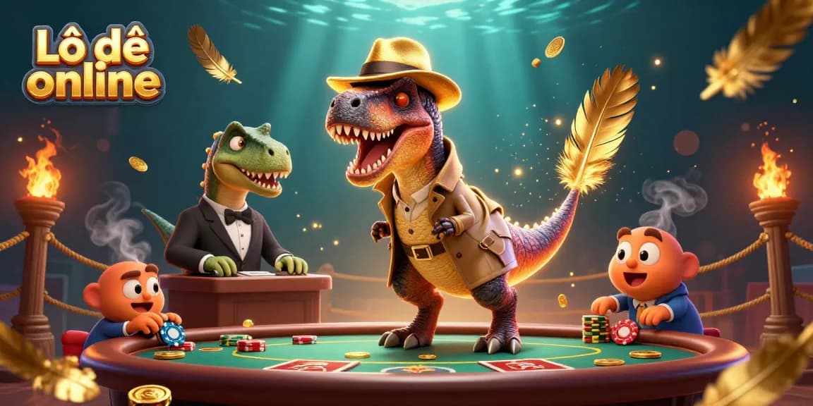 Lô đề online thrilling gameplay scene with velociraptor card counter and stegosaurus pit boss at a vibrant casino table