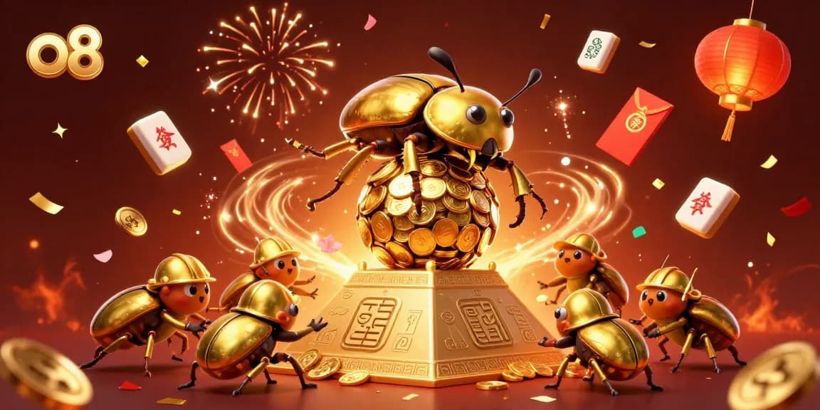 Experience the excitement of o8 casino with a golden beetle rolling coins in a vibrant, dynamic scene.