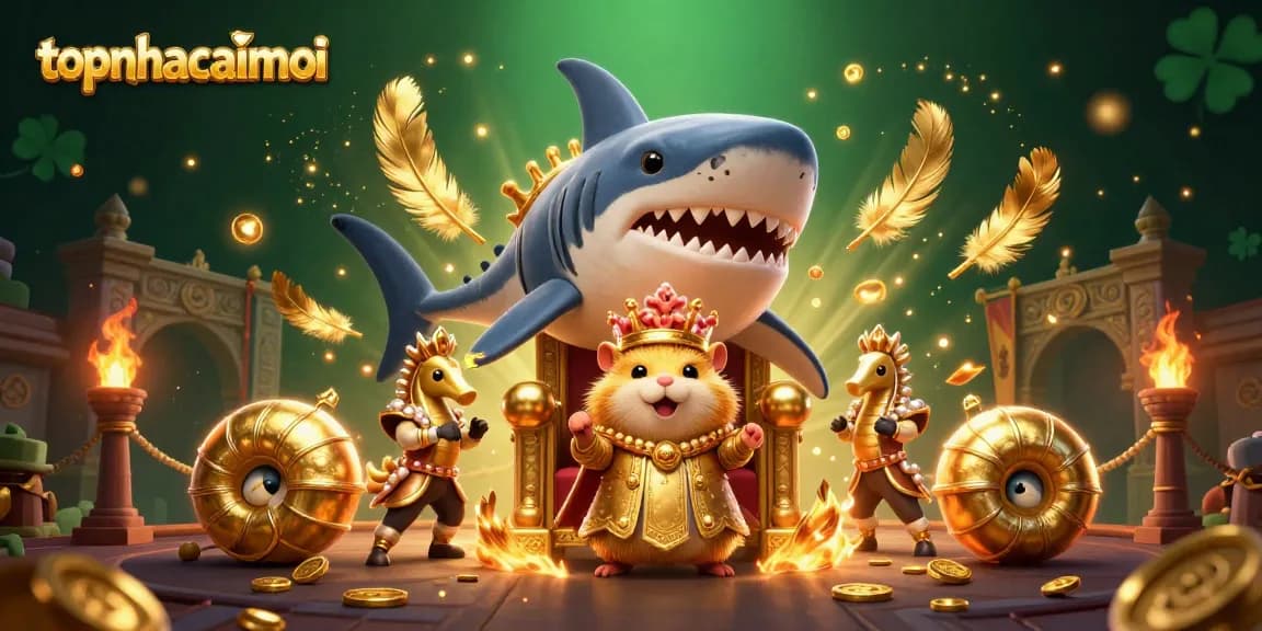 Engage with topnhacaimoi in a vibrant casino scene featuring a fierce hamster king and royal seahorse guards.