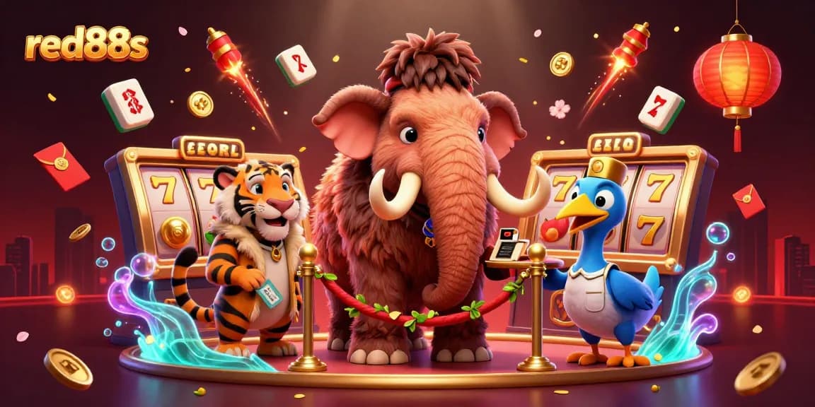Experience red88s in a lively casino scene with energetic characters and dynamic slot game elements.