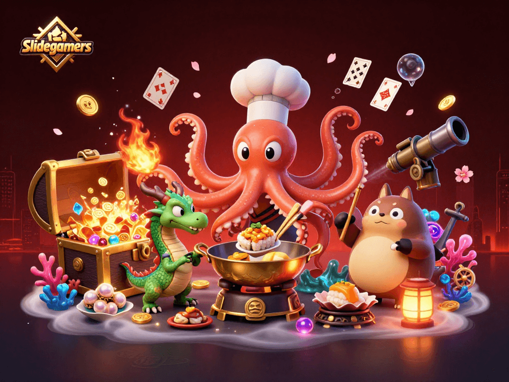Experience big wins with slidegamers in this vibrant casino scene featuring dynamic characters.