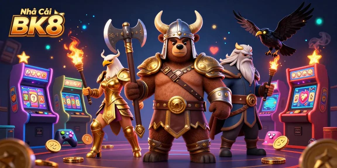 Experience thrilling games at Nhà Cái BK8 featuring a Viking bear, Valkyrie eagle, and glowing game elements.