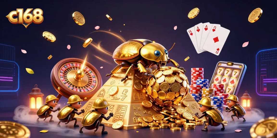 Spin and win with c168 as golden beetles roll coins up a pyramid in an exciting casino scene.