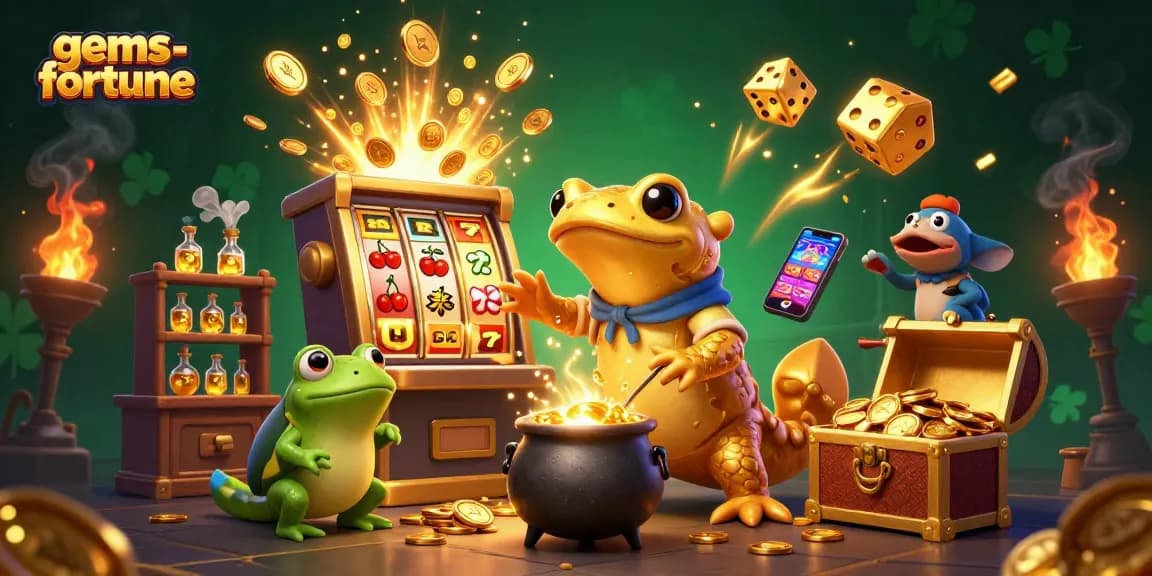 Experience the excitement of gems-fortune with golden treasures and dynamic gameplay illustrated in a vibrant scene.