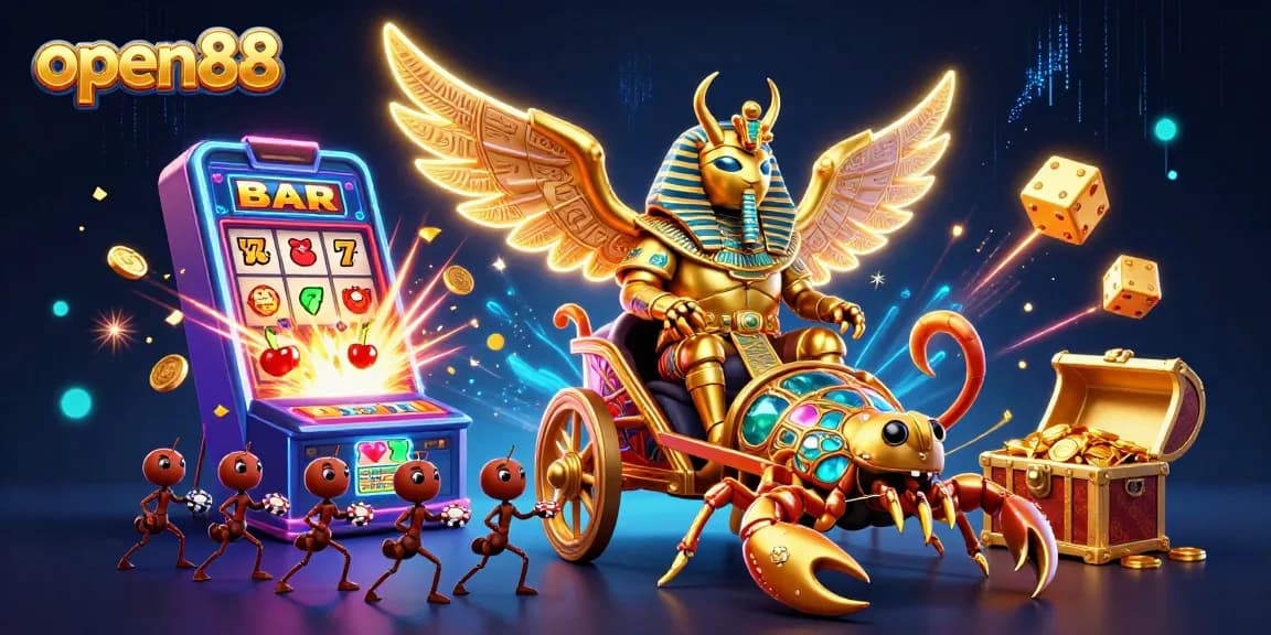 Play and win at open88 with a vibrant scene featuring a golden scarab beetle and jackpot symbols.