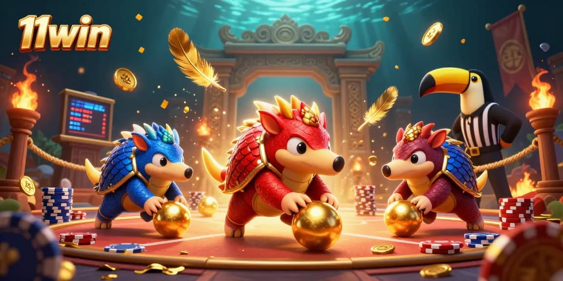 Engage in exciting gaming action with the 11win pangolins rolling into poker chips in a vibrant casino scene.