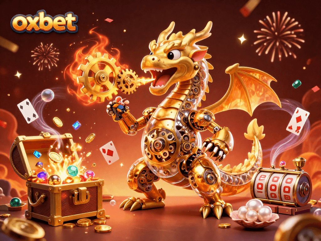 Experience epic gameplay with oxbet as the golden dragon unleashes treasures in this vibrant casino illustration.