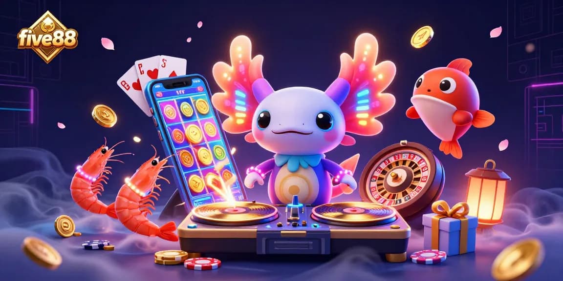Experience the vibrant energy of five88 as axolotl DJ spins with shrimp dancers, surrounded by dynamic casino elements.