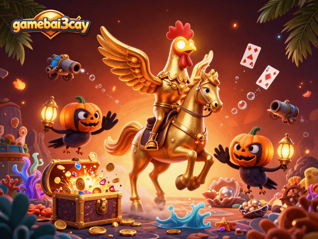 gamebai3cay captivates with a glowing rooster, gold coins, and a vibrant midnight casino scene.
