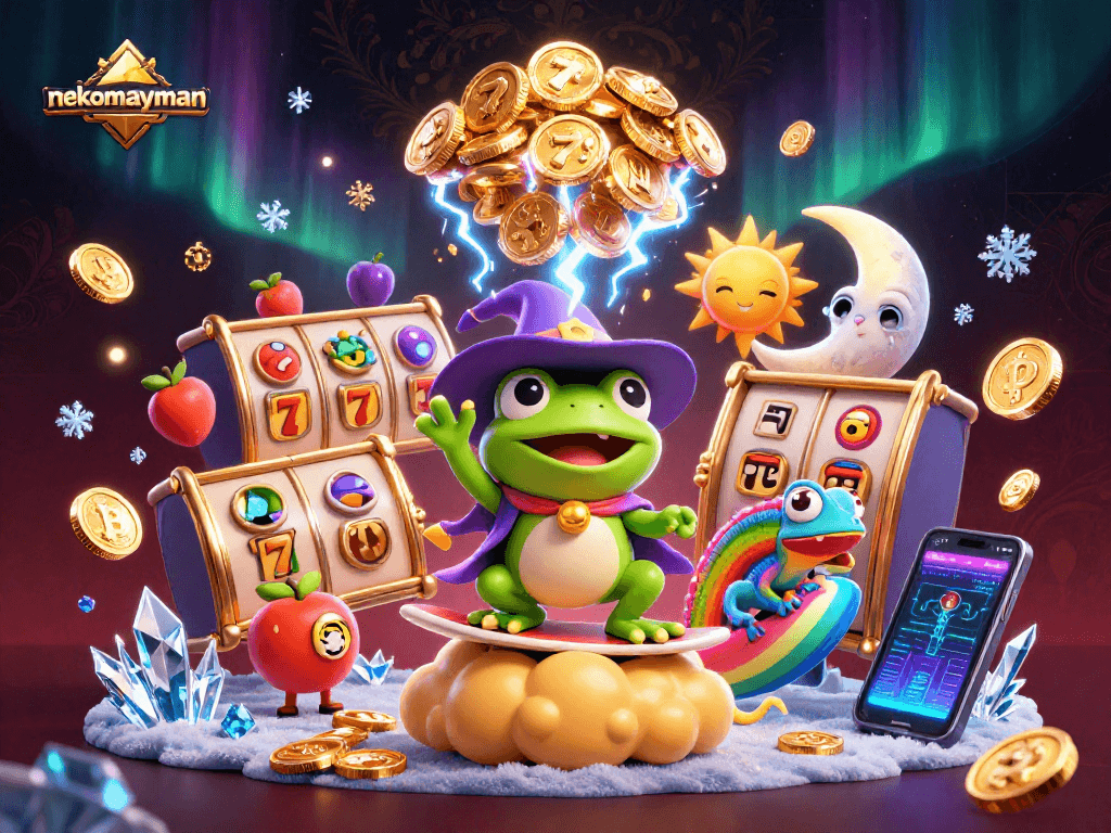 Engage with nekomayman in a vibrant scene of gaming luck, gold coins, and energetic characters.