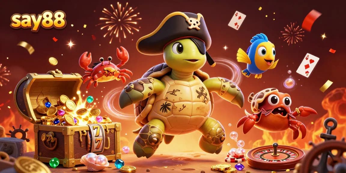 Engage with say88's thrilling 3D gambling adventure featuring slot reels, poker chips, and vibrant casino elements.
