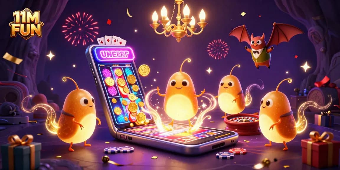 Engage with an exciting 11M FUN casino scene illuminated by glowing characters and vibrant game elements.
