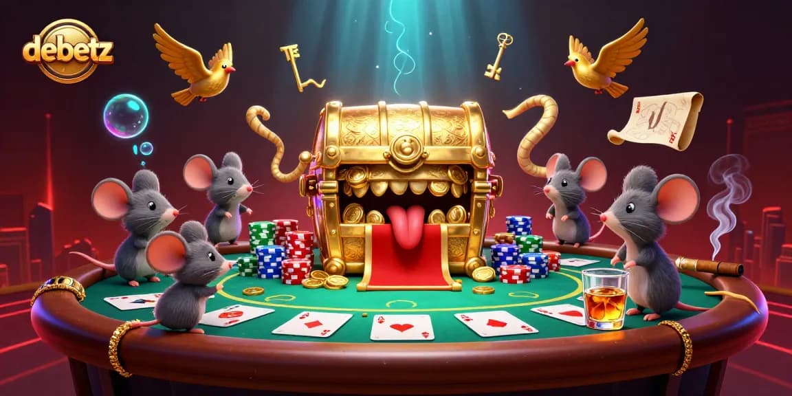 Engage with debetz in a vibrant 3D illustration of a treasure chest and poker elements.