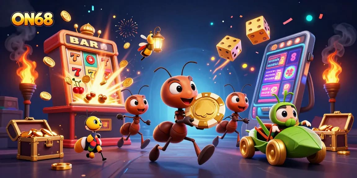 Join the ON68 adventure where ants heist a giant poker chip amidst dynamic jackpot symbols and vibrant casino elements.
