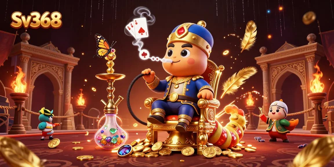 Experience thrilling gaming at Sv368 with a dynamic visual of a cartoon caterpillar and casino symbols.