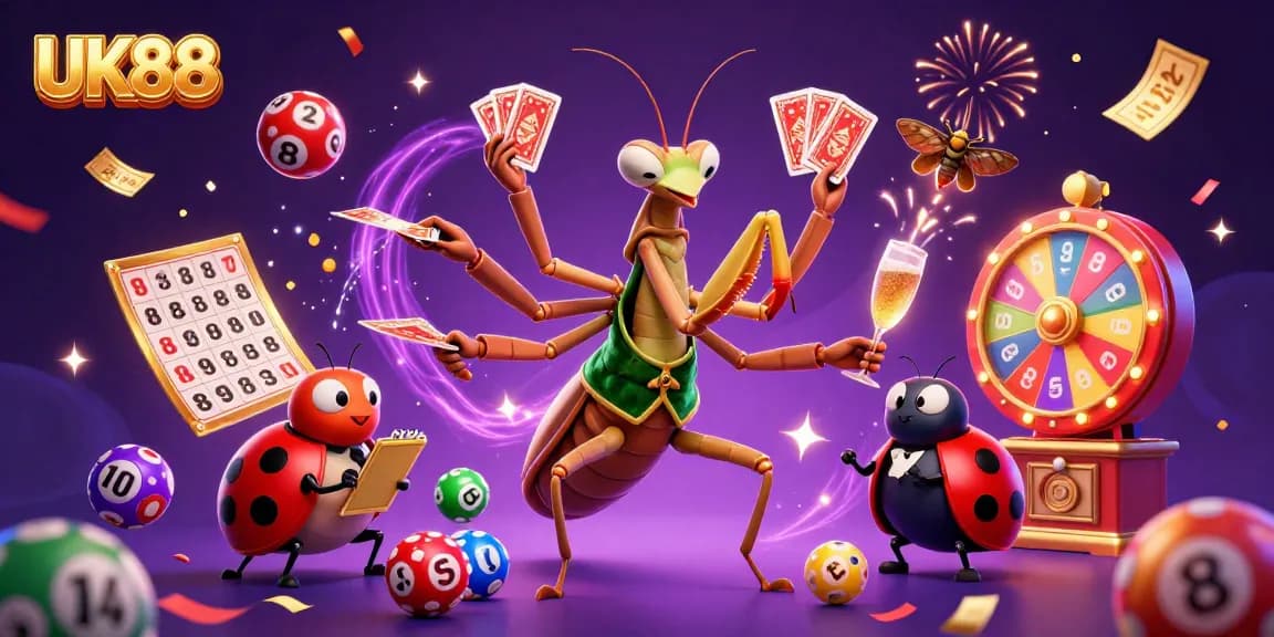 UK88 showcases a thrilling 3D casino scene with vibrant lottery balls and characters celebrating a jackpot.