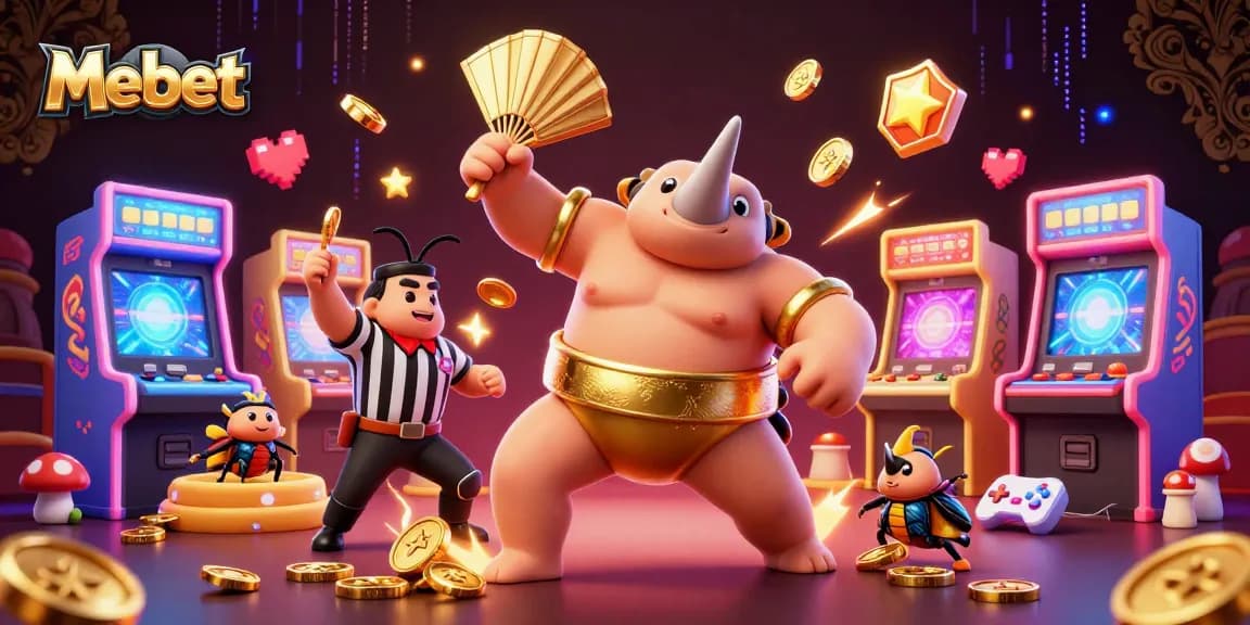 Mebet's radiant casino-themed scene showcasing a beetle champion amid vibrant gaming elements.