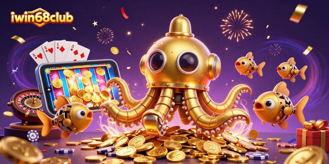 Engage in thrilling gameplay with iwin68club, showcasing a golden kraken submarine amid casino elements.