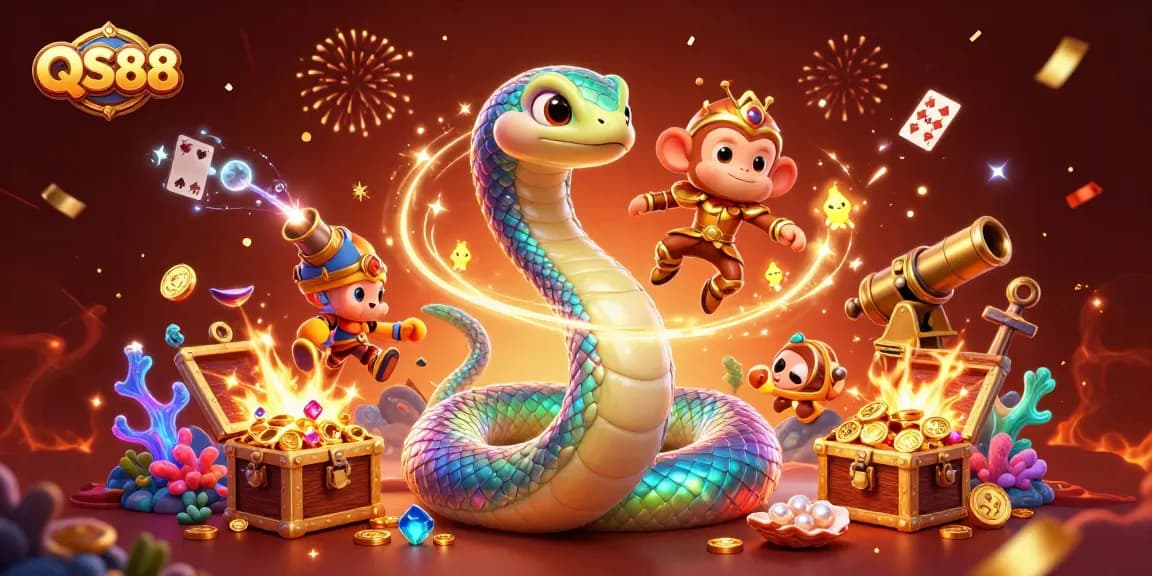 Play slots and win big with QS88, featuring vibrant characters and casino-themed elements.
