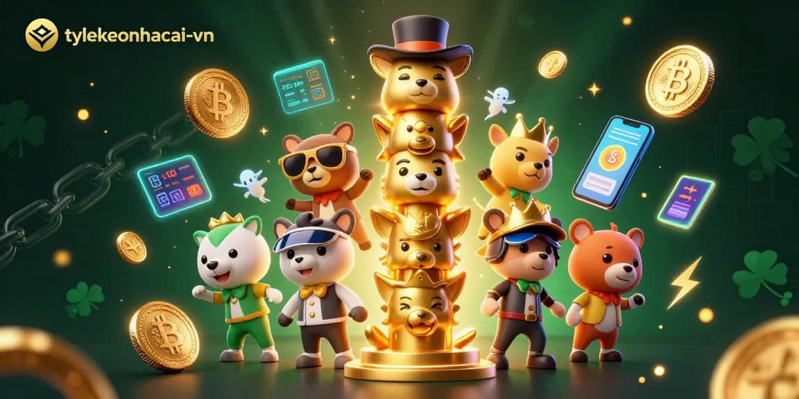Engage with tylekeonhacai-vn through this vibrant 3D casino scene featuring animated characters and crypto elements.