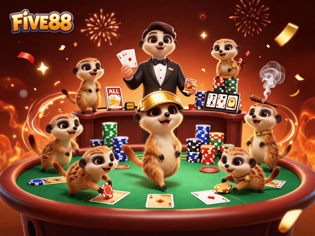 Experience the vibrant world of FIVE88 as meerkats engage in a colorful casino scene with games and excitement.