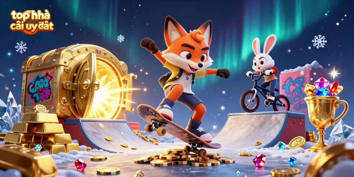 Join the top nhà cái uy tín cartoon duo as they kickflip over golden poker chips surrounded by dynamic casino treasures.