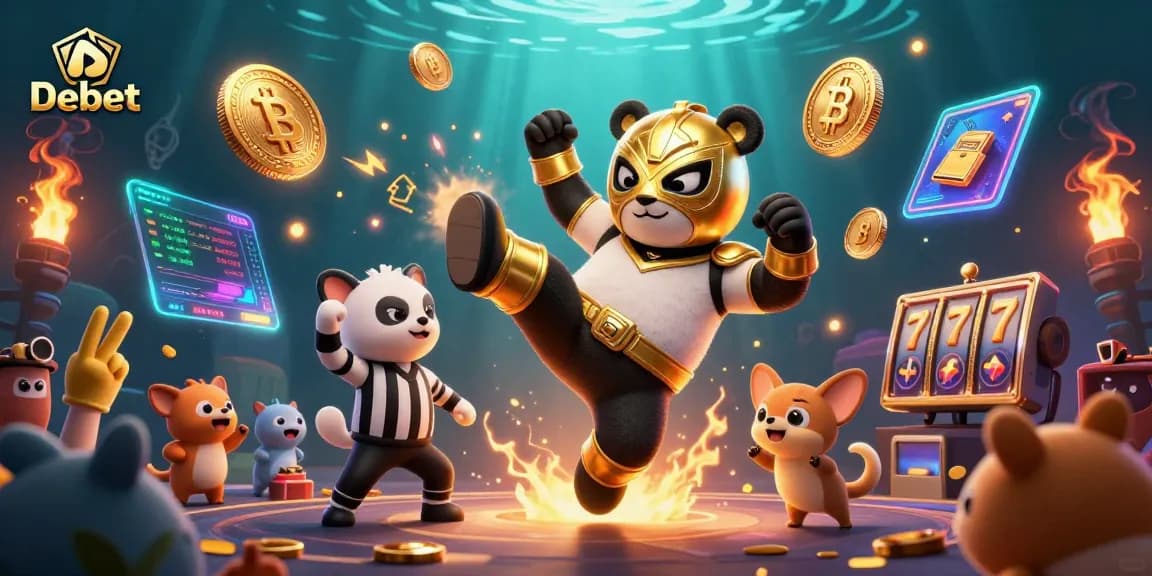 Experience dynamic betting action with Debet featuring a panda in lucha libre mask amidst vivid casino elements.