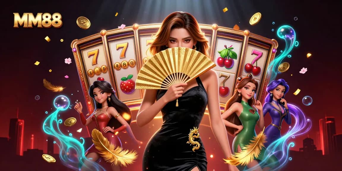 Play games at MM88, featuring a stunning Asian woman in a lavish casino with floating slot reels.