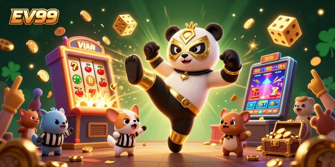 Experience exciting gameplay at EV99 with vibrant casino-themed 3D illustration featuring animated characters and slot machines.